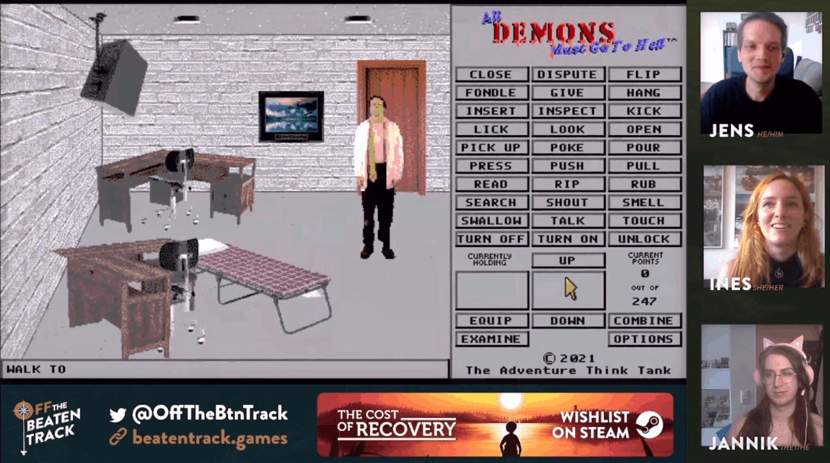 Demons point-and-click game screenshot showing a room, verb controls, and portraits of Jens, Ines, and Jannik.