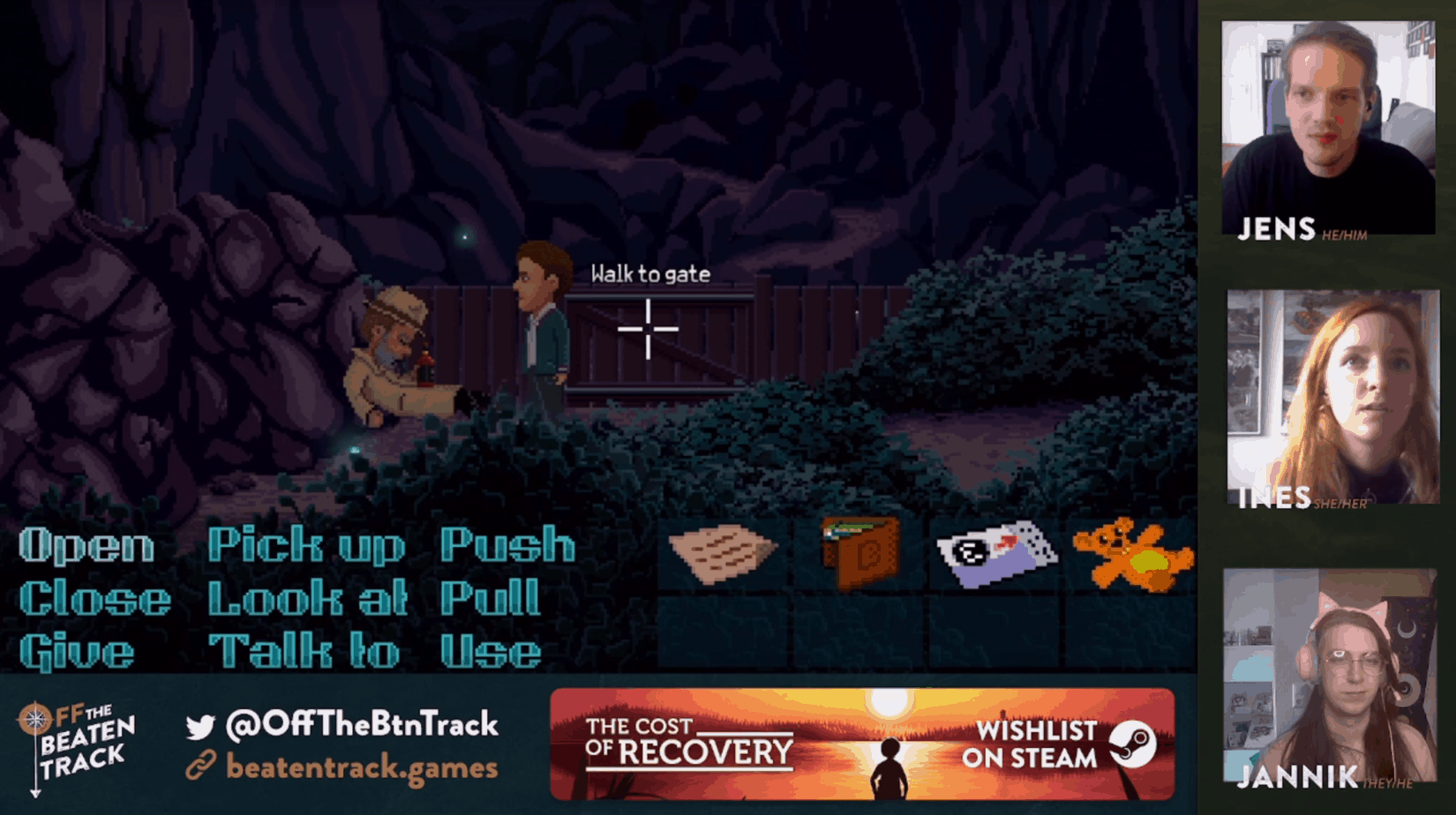 Pixel-art cave game scene with two characters, interaction commands, item icons, and three video-call panels.