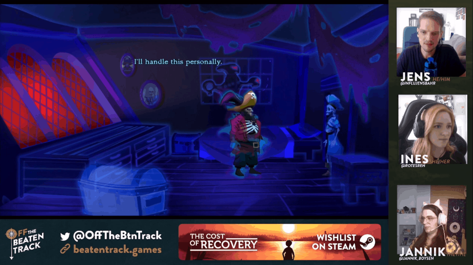 Dark game scene with a character in a room, streamer webcams labeled Jens, Ines and Jannik, and a The Cost of Recovery Steam wishlist banner.