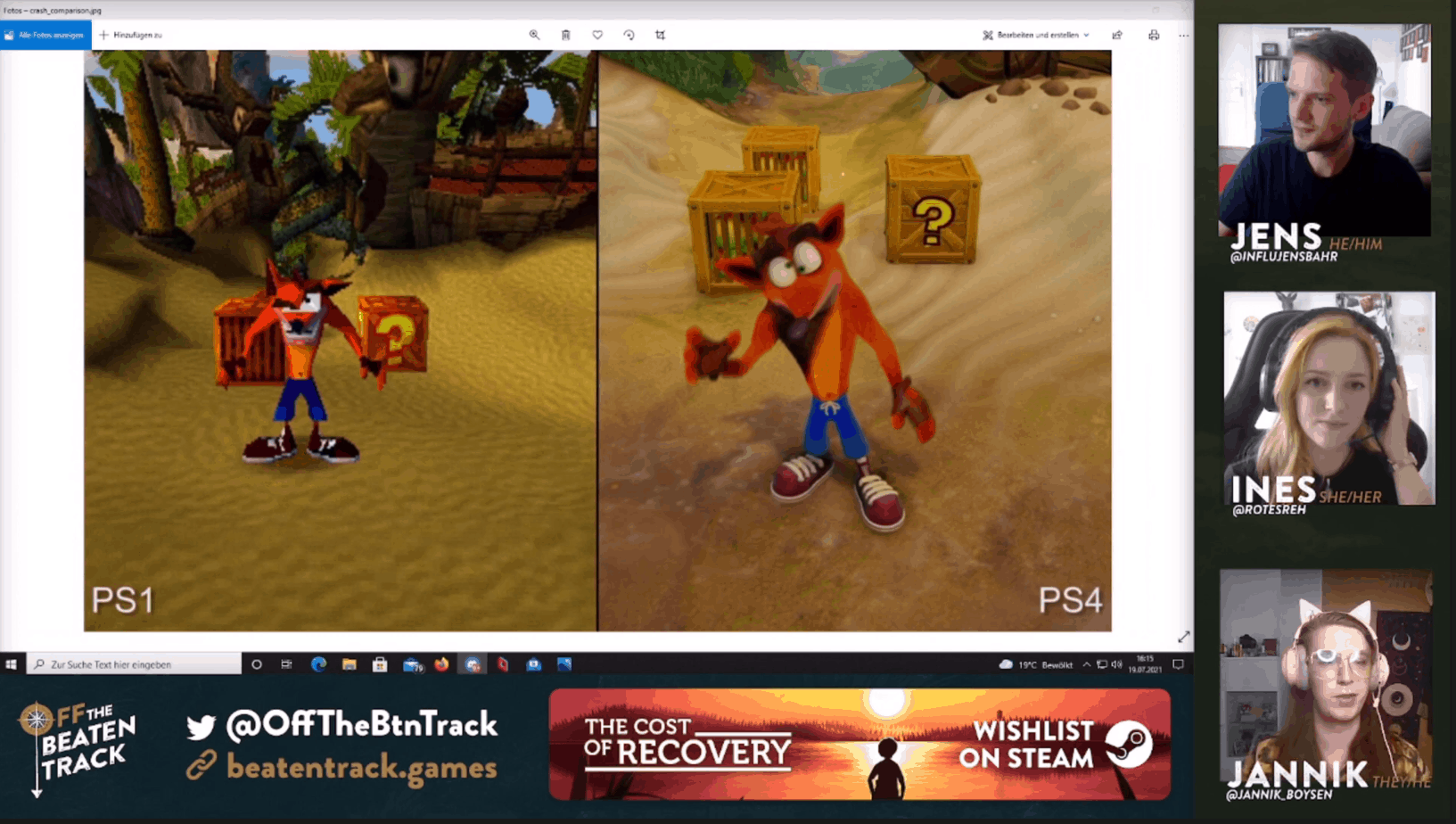 Split-screen comparison of Crash Bandicoot gameplay on PS1 and PS4, with video-call participants at right.