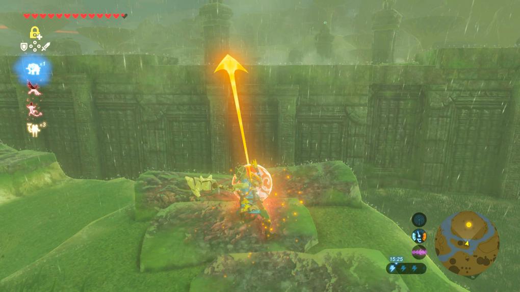 Link stands in the rain amid ruins as a glowing orange arrow points upward in The Legend of Zelda: Breath of the Wild.