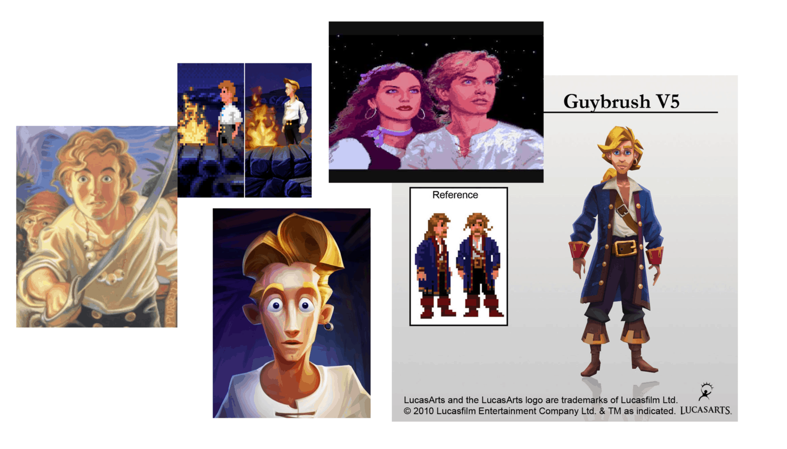Concept art and pixel reference for Guybrush V5, showing character portraits and a full-body pirate design.