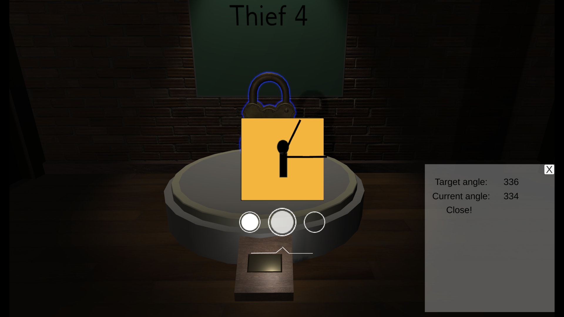 Game screen showing a lock-picking puzzle labeled “Thief 4” with target and current angle readings.