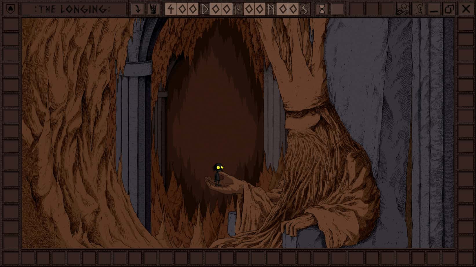 Pixel-art game scene of a bearded figure in a cave holding a tiny glowing object.