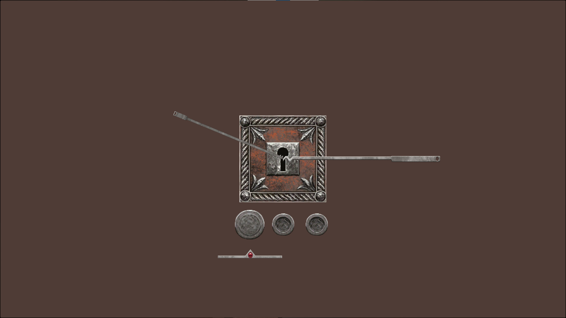 Game screen showing an ornate metal lock with a keyhole, crossing rods, three circular icons, and a red status marker.