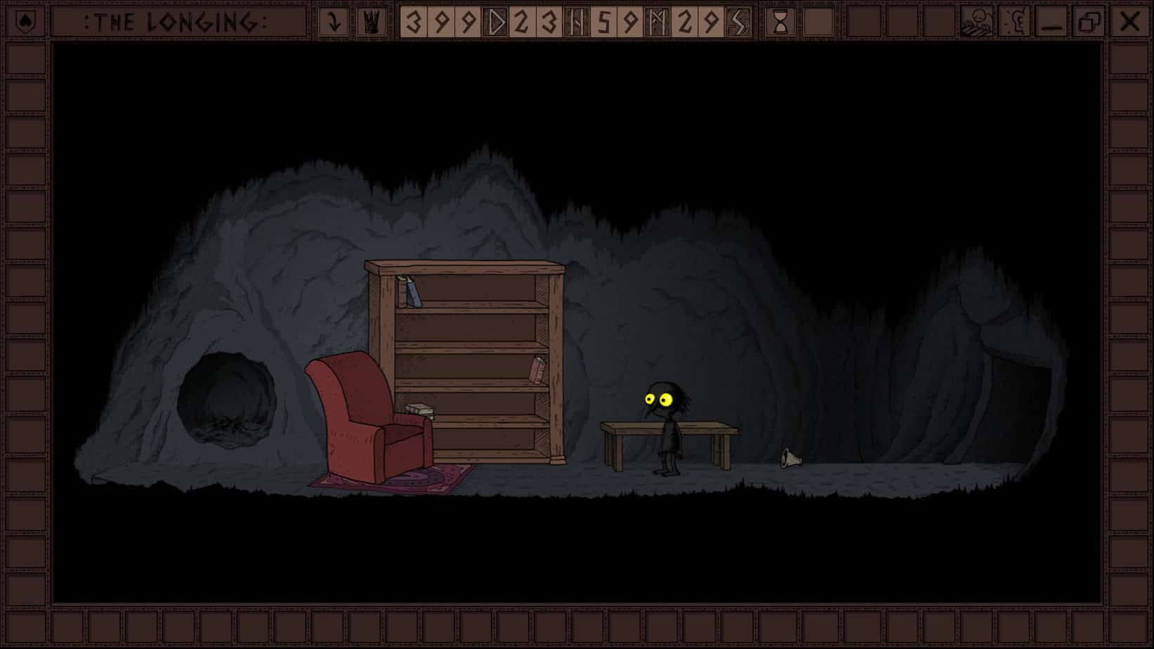 The Longing game screenshot shows a small yellow-eyed creature in a dark cave beside a red chair and wooden shelf.