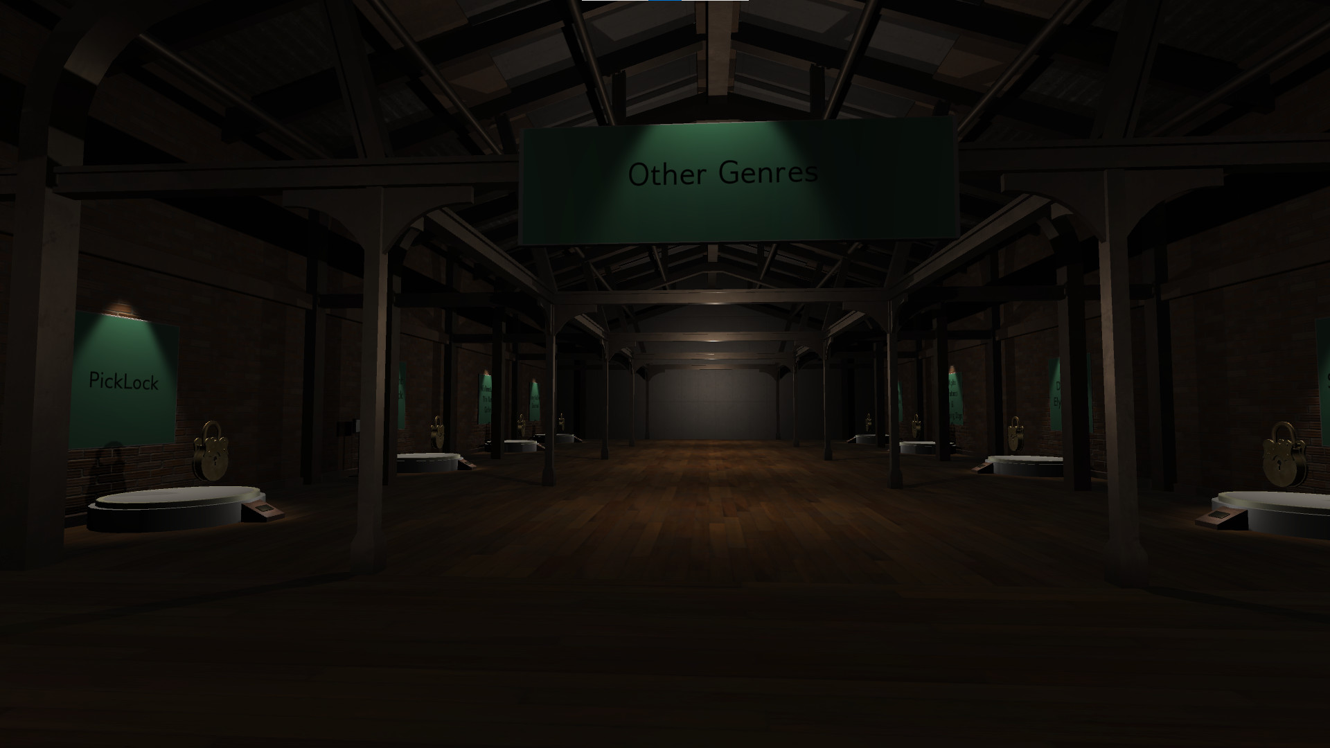 Dark wooden game exhibition hall with signs reading “Other Genres” and “PickLock” over display tables.