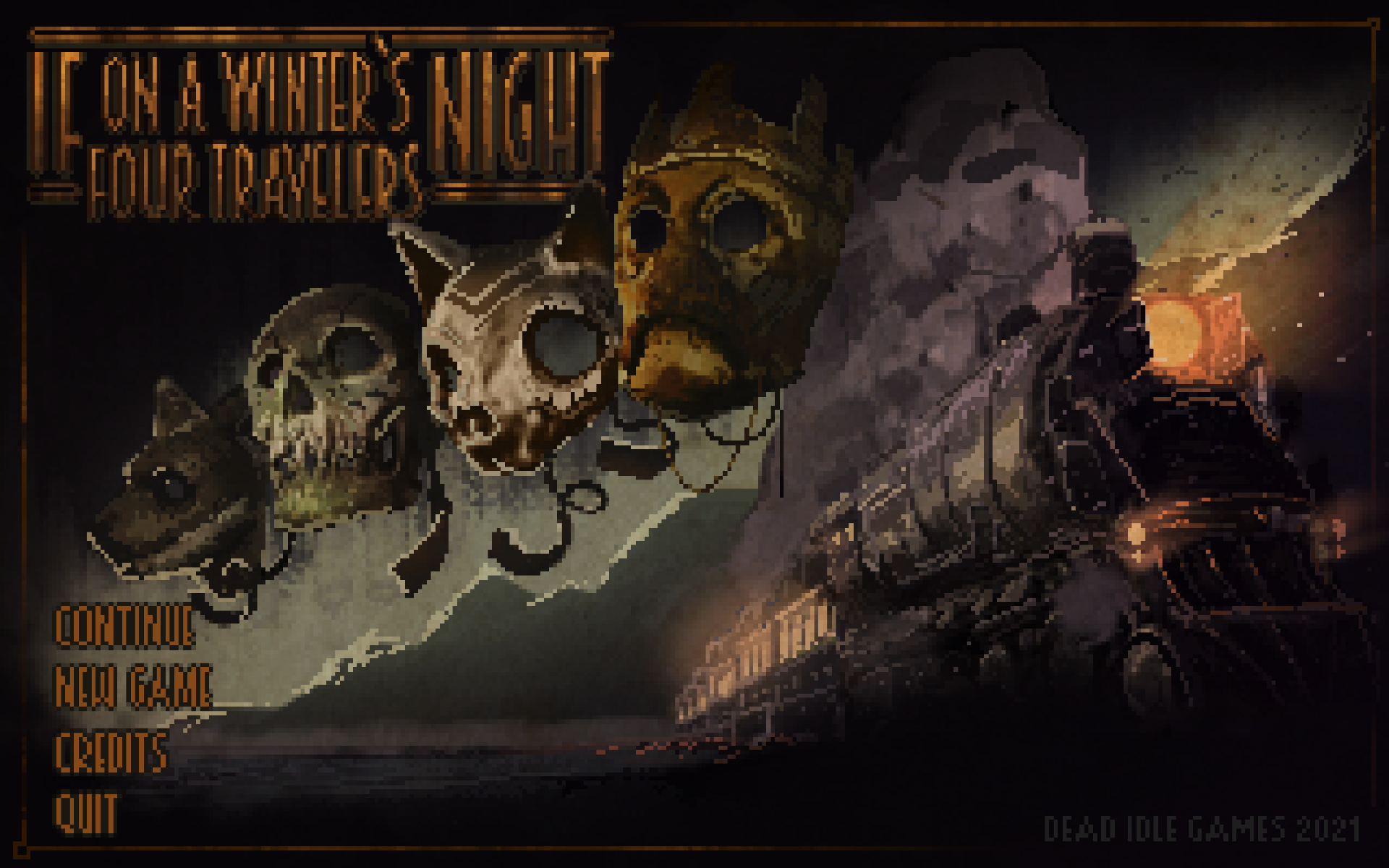 Pixel-art game menu for I Own a Winter's Night, showing skeletal characters, a train, and options to continue, start a new game, view credits, or quit.
