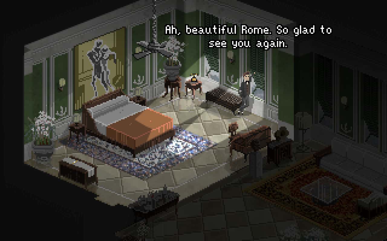 Pixel-art game scene of a bedroom with a character and the dialogue, “Ah, beautiful Rome. So glad to see you again.”