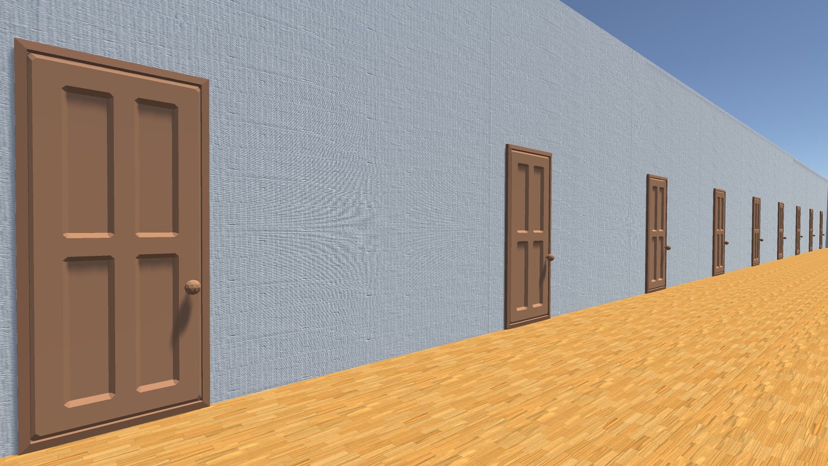 Row of brown doors along a long blue wall with a wooden floor.