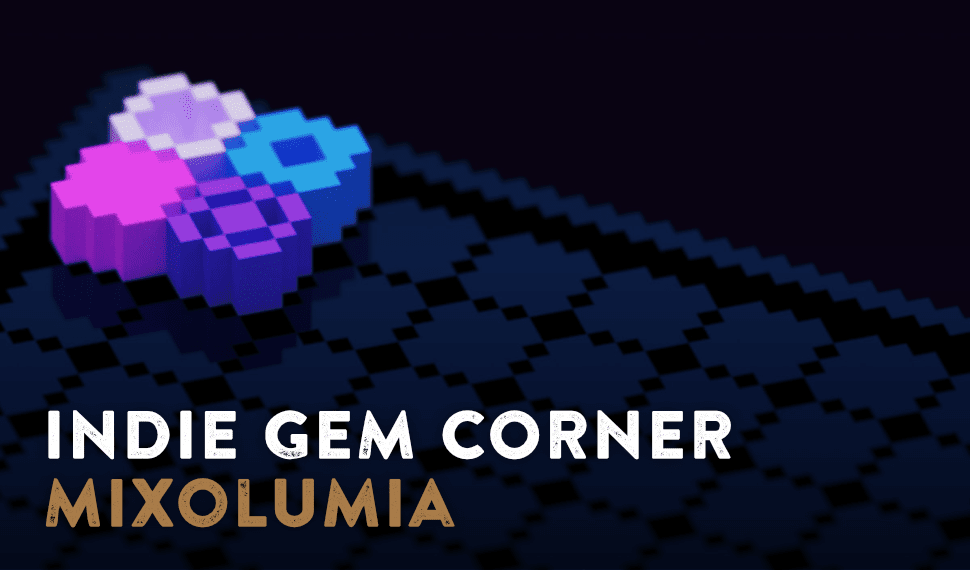 Pixel-art game controller on a dark grid with text “INDIE GEM CORNER MIXOLUMIA”