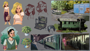 Concept art for the Hannoverscher Bahnhof game: character sketches, a vintage computer and painted old train carriages