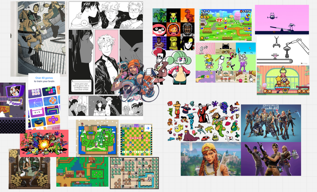 Moodboard for ten2match with art style references: comic panels, pixel-art maps, colourful cartoon characters, brain-training apps and Fortnite key art