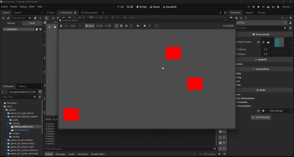 Godot editor running an early ten2match prototype: three red squares falling on a grey background, the project folder listing seven mini-games