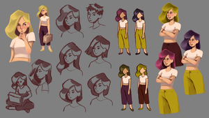 Character design sketches of a young woman in various poses, with hair and outfit colour variants