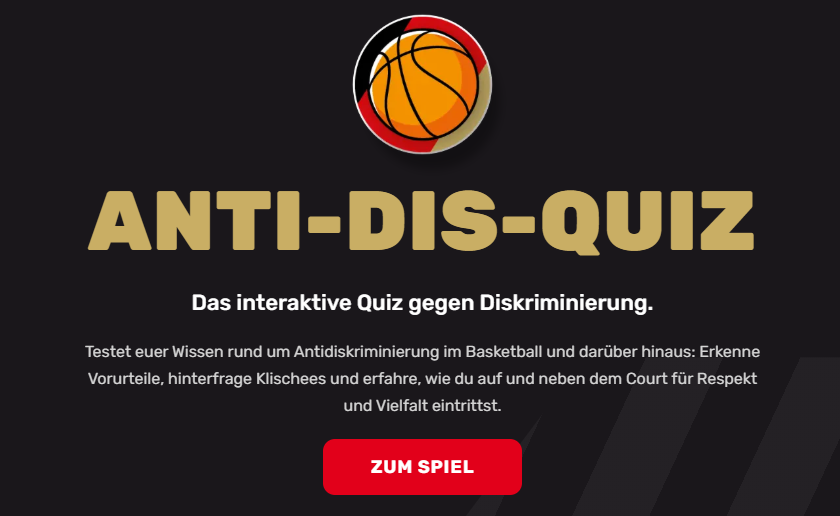 Start page of the Anti-Dis-Quiz: “The interactive quiz against discrimination” in basketball, with a play button